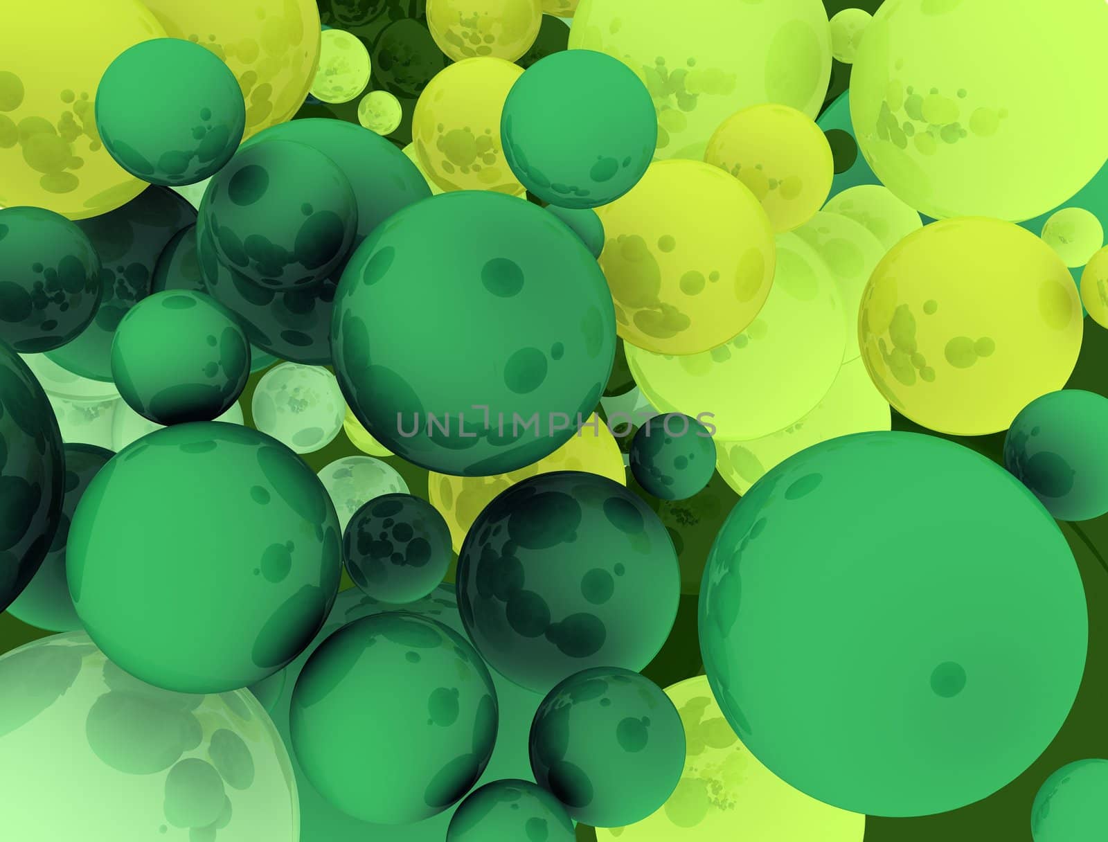 Conceptual abstract background consisting of spheres fulfilling whole area of view. Concept is rendered with slight reflections and spheres are portrayed in various sizes, with yellow and green  color variations.