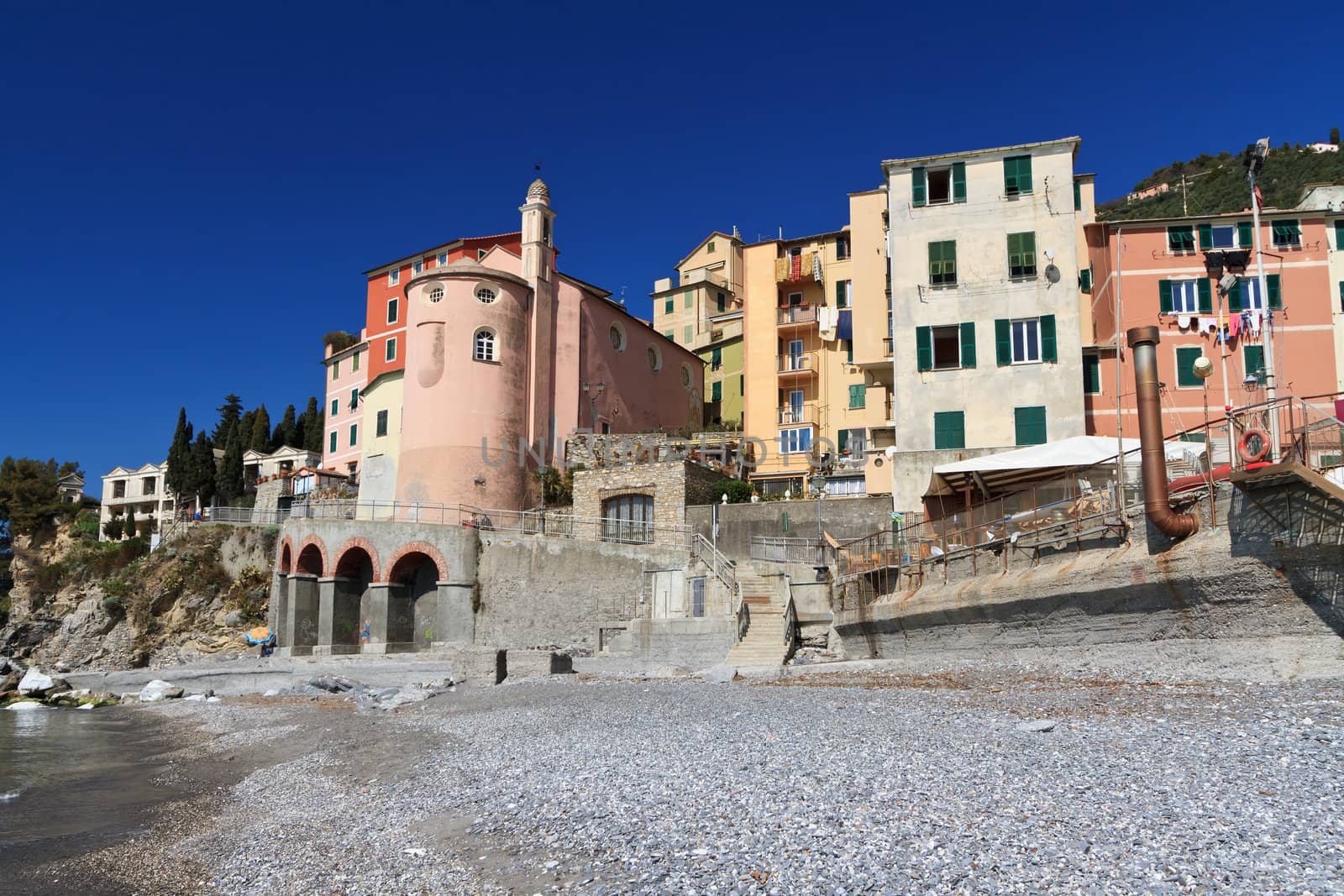 view from the seaside in Sori, small village in Liguria, Italy