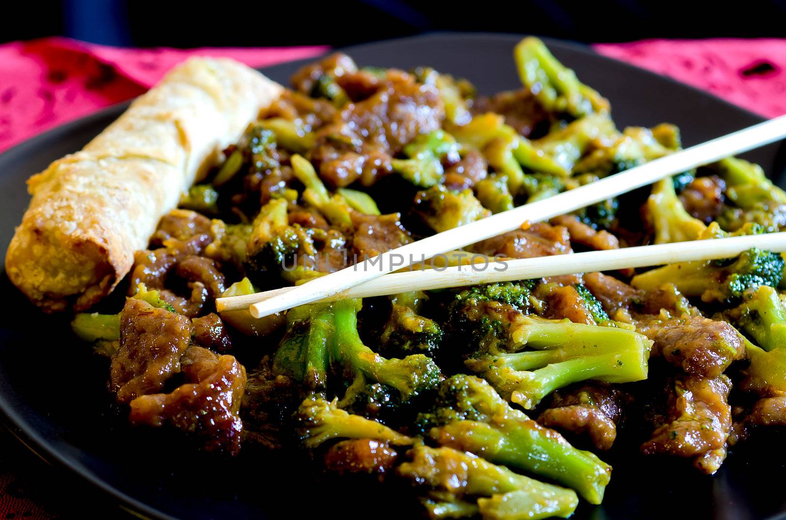Beef with Broccoli and Spring Roll by dehooks