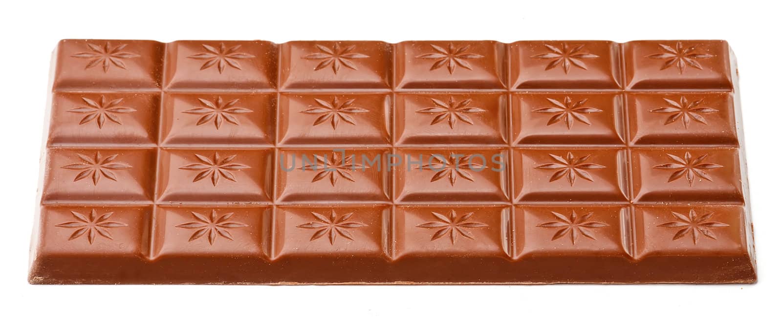 Milk chocolate bar isolated on white background.