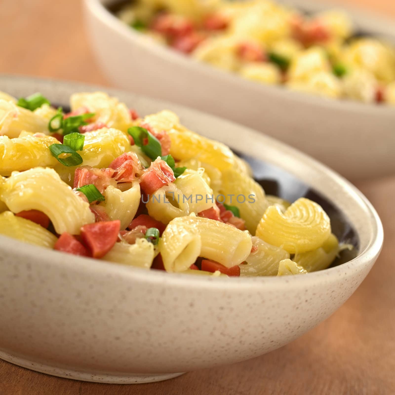 Two bowls full of fresh homemade elbow macaroni pasta with sausage pieces, grated cheese and green onion (Selective Focus, Focus one third into the first dish)