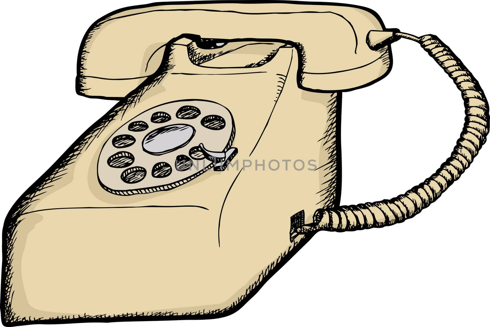 Beige desktop rotary telephone sketch isolated over white background