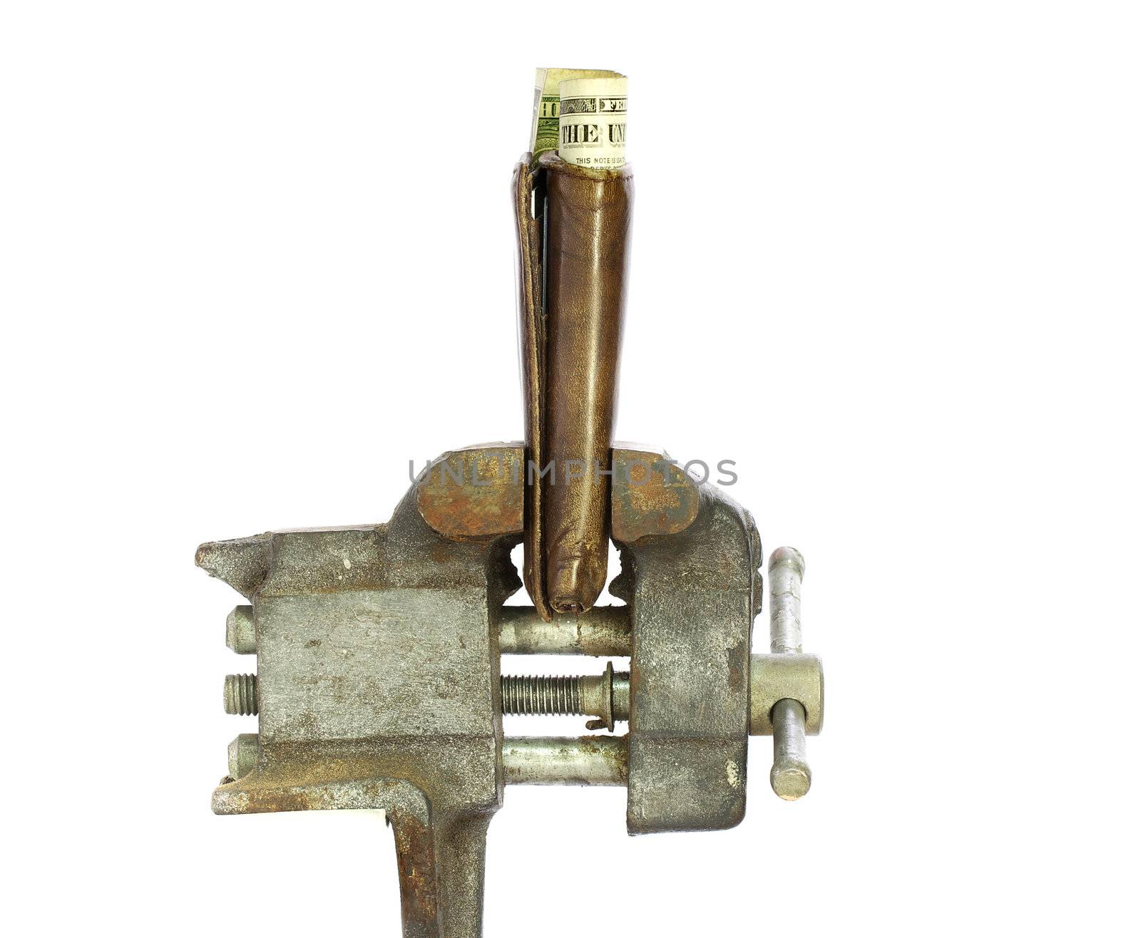 Brown Wallet squeezed tightly in a bench vice