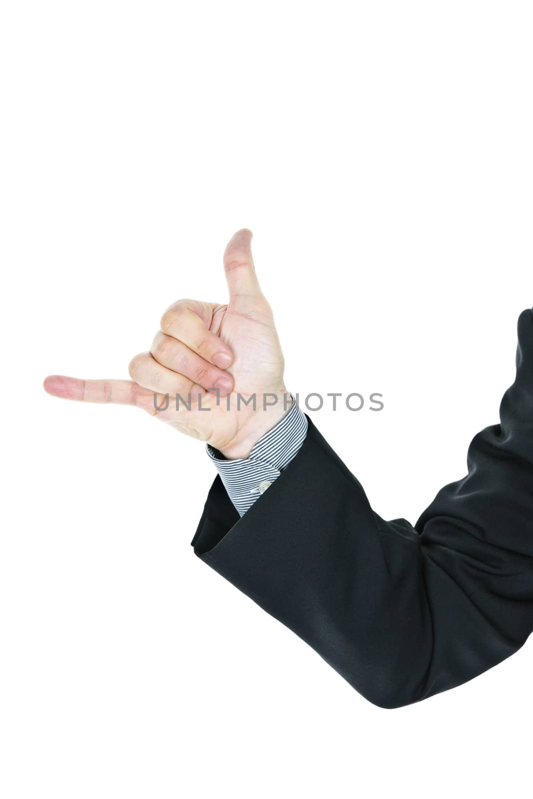 Business man giving hang loose hand gesture