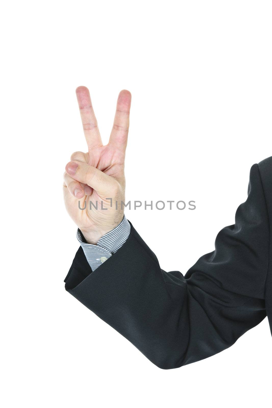 Business man giving peace or victory hand gesture