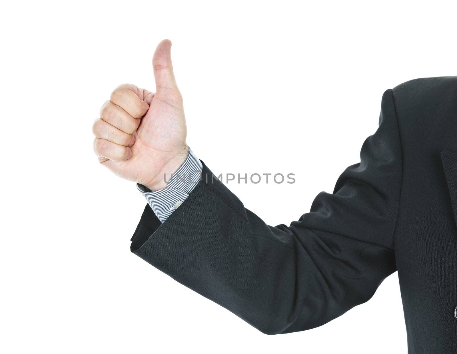 Business man giving thumbs up hand gesture