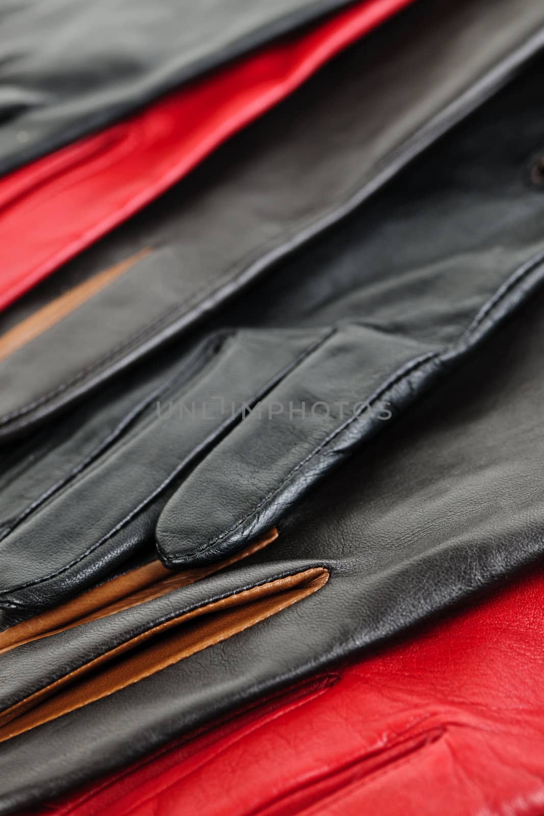 Assorted selection of leather female gloves closeup
