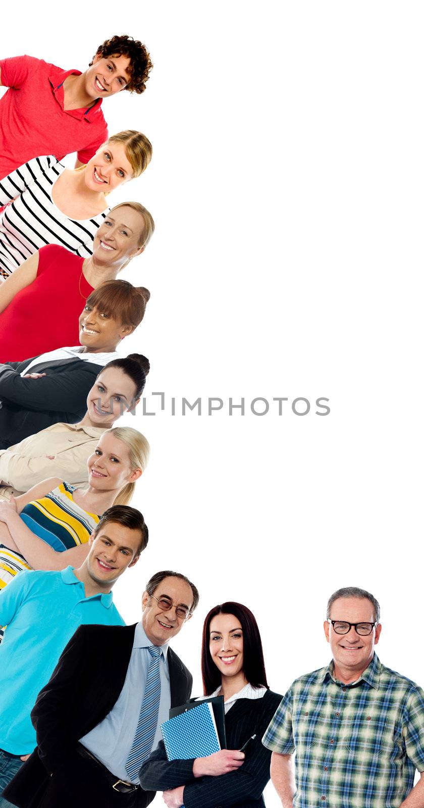 L shaped collage made of 10 different people by stockyimages