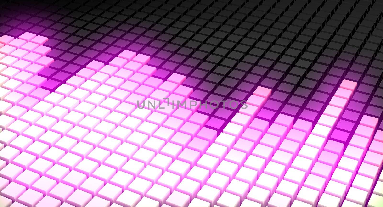 Concept of colorful graphic equalizer display as used in music mixing or monitoring devices. Rendered in diagonal perspective view in bright color scheme with peaks intensively glowing in pink color.