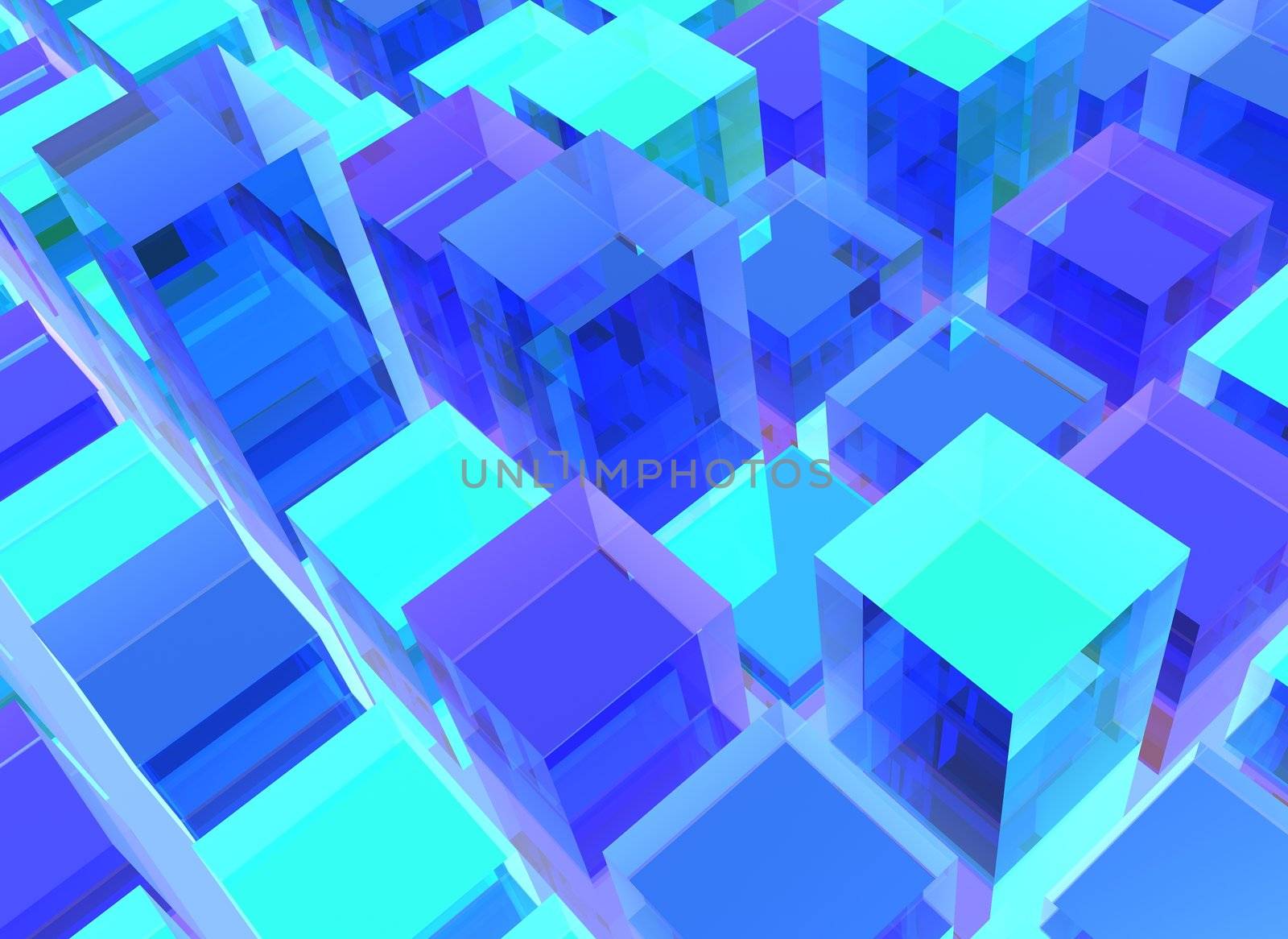 Conceptual abstract background consisting of cubes fulfilling whole area of view. Concept is rendered with slight reflections. Cubes are portrayed in various sizes and mostly in blue and some light green color blending with slight reflections.
