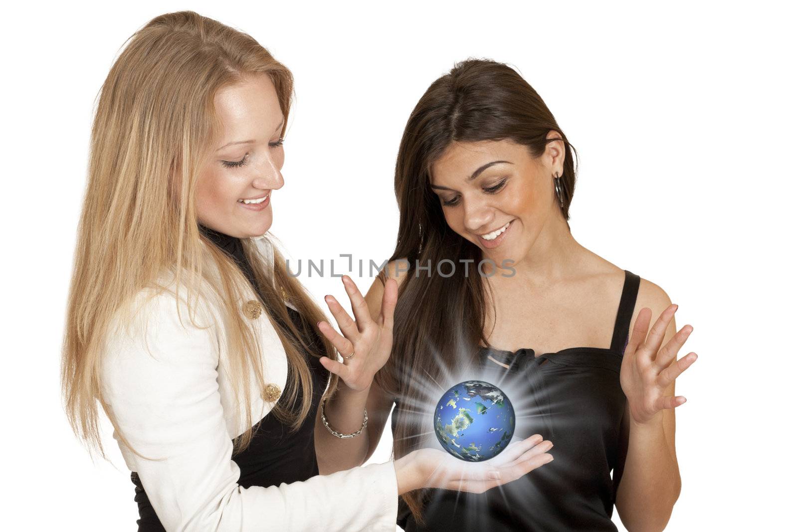 Two girls with glowing planet in a hand isolated on white background
