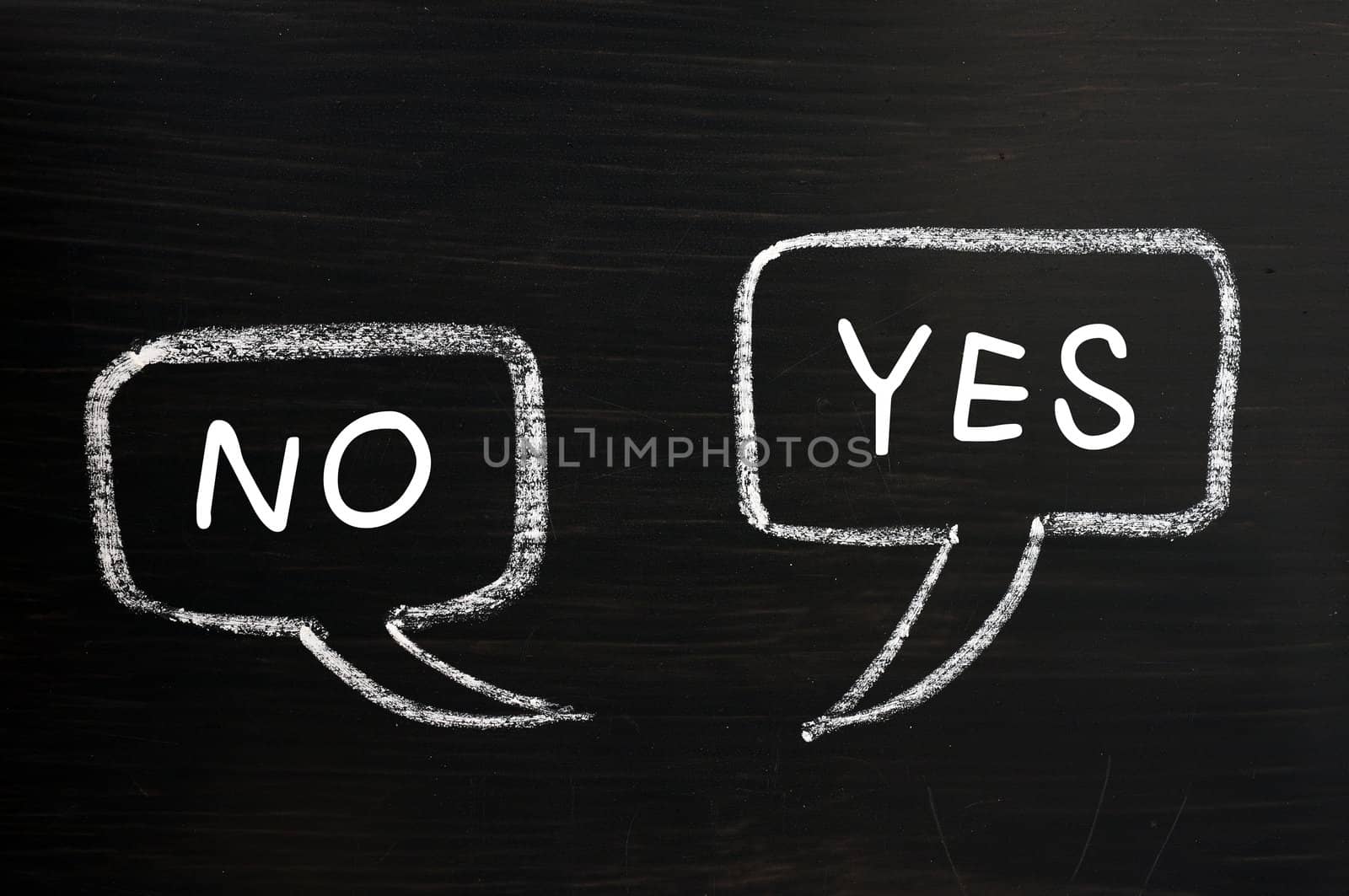 Two speech bubbles drawn with chalk on a blackboard for Yes and No