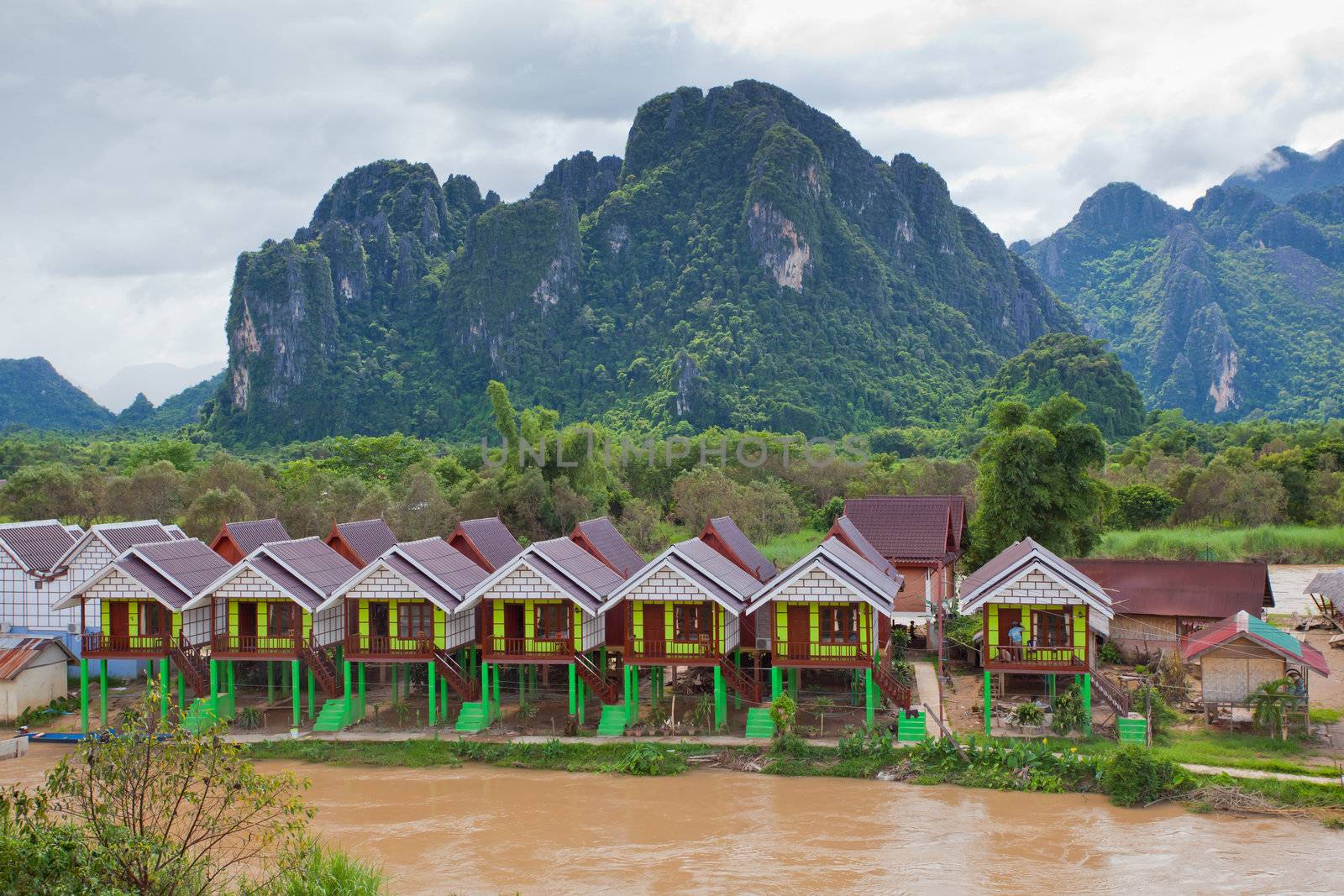 Village and mountain in Vang Vieng, Laos