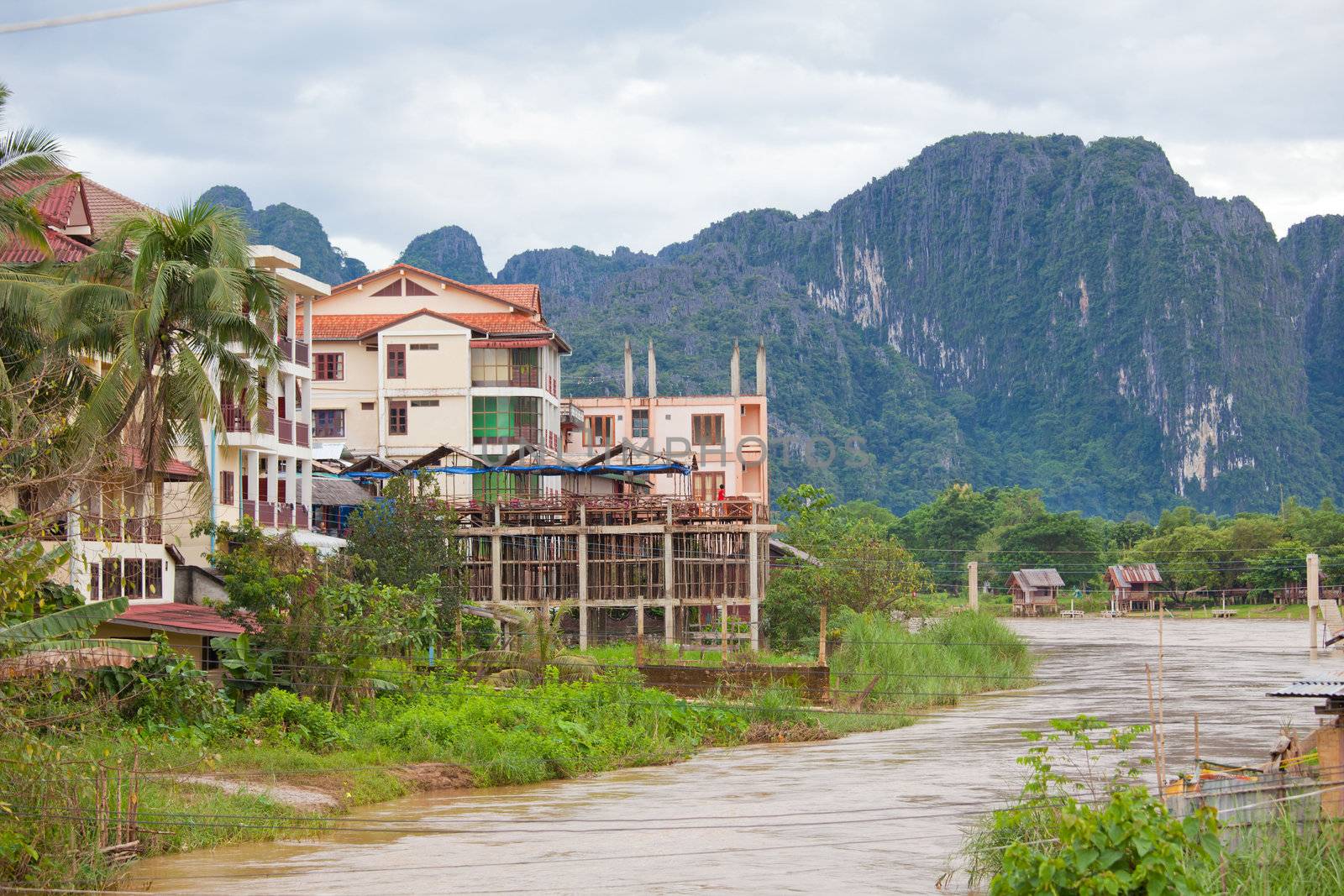 Village and mountain in Vang Vieng, Laos