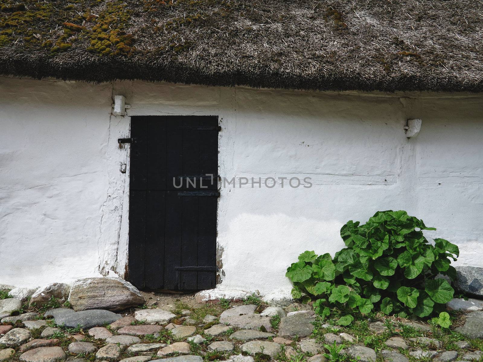 Detail of a very old Danish half-timbered and thatched farmhouse in the countryside.