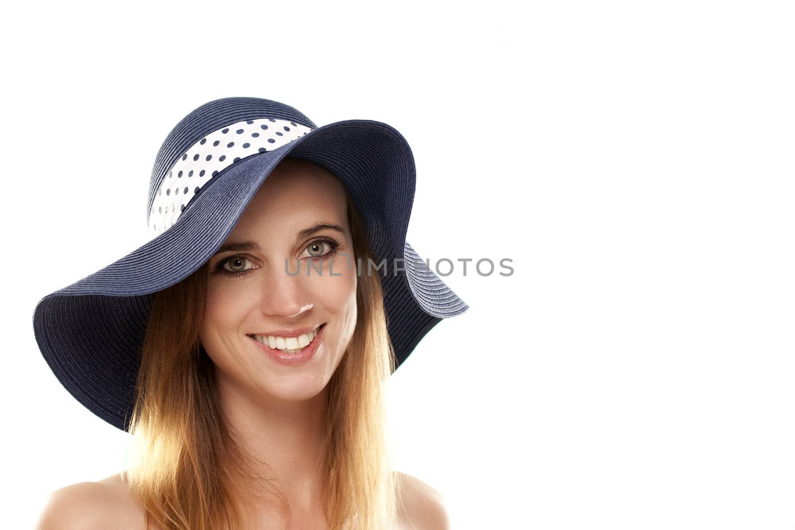 portrait of a woman wearing a summer hat on white background