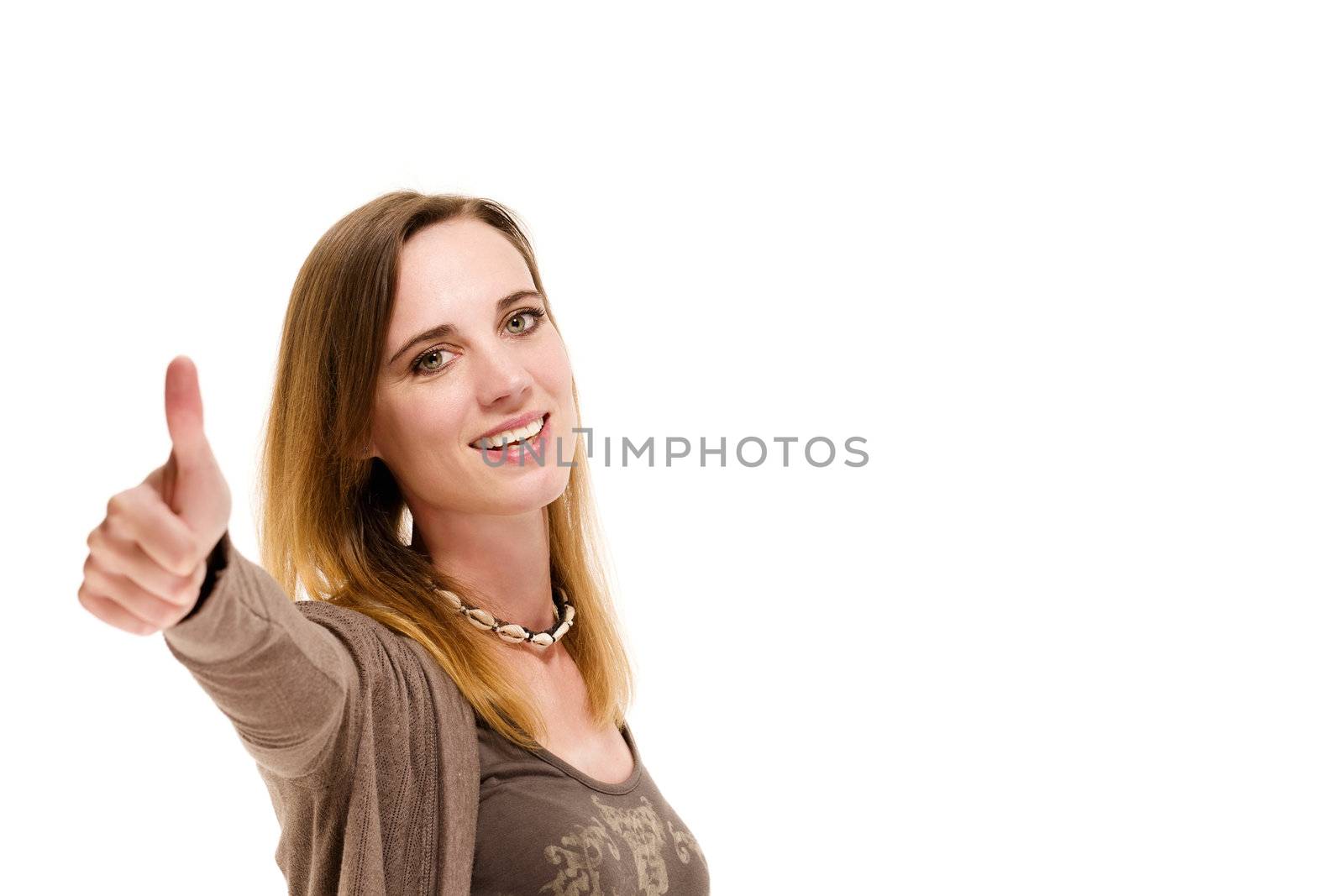 woman showing thumbs up on white background