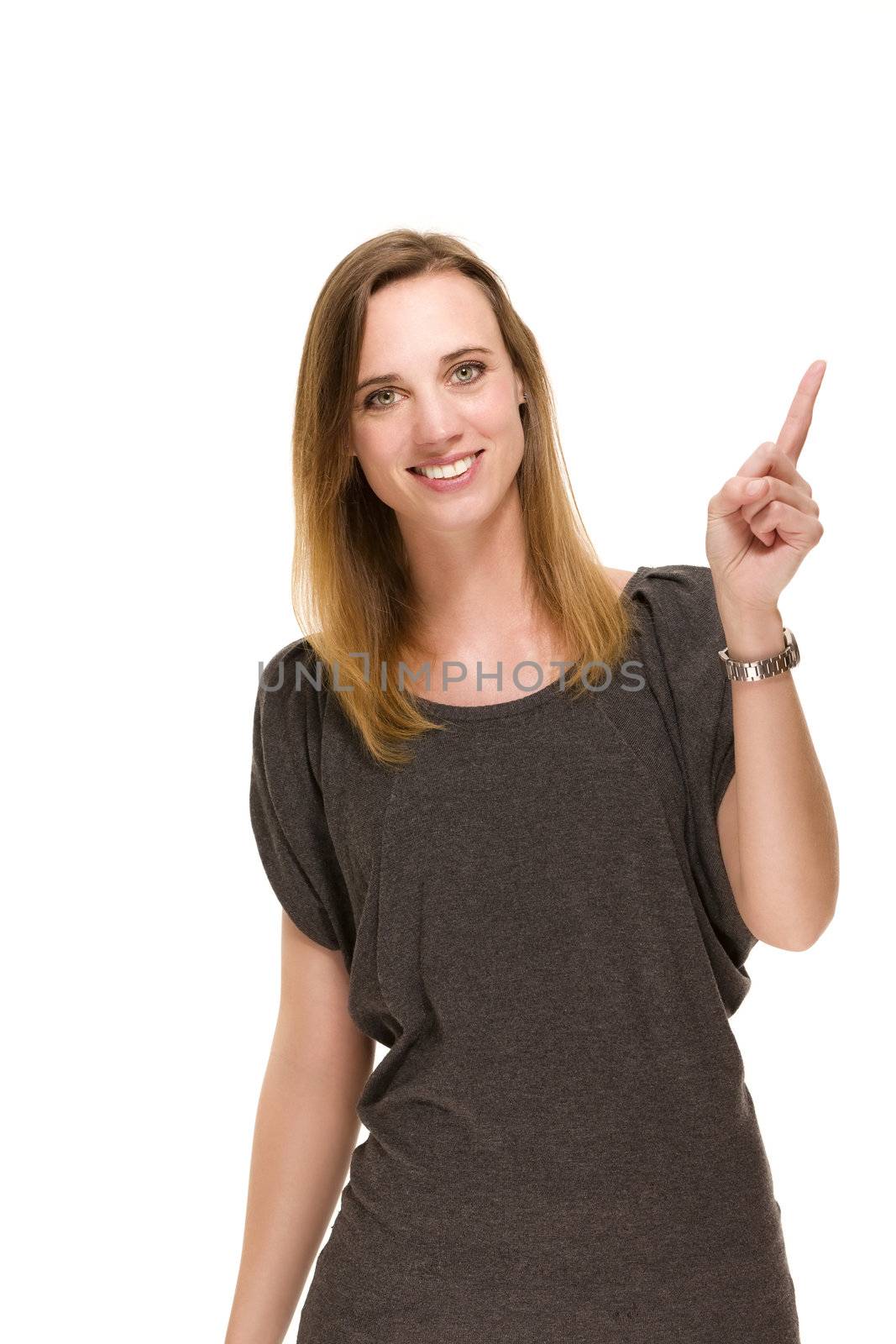 confident woman pointing her finger on white background