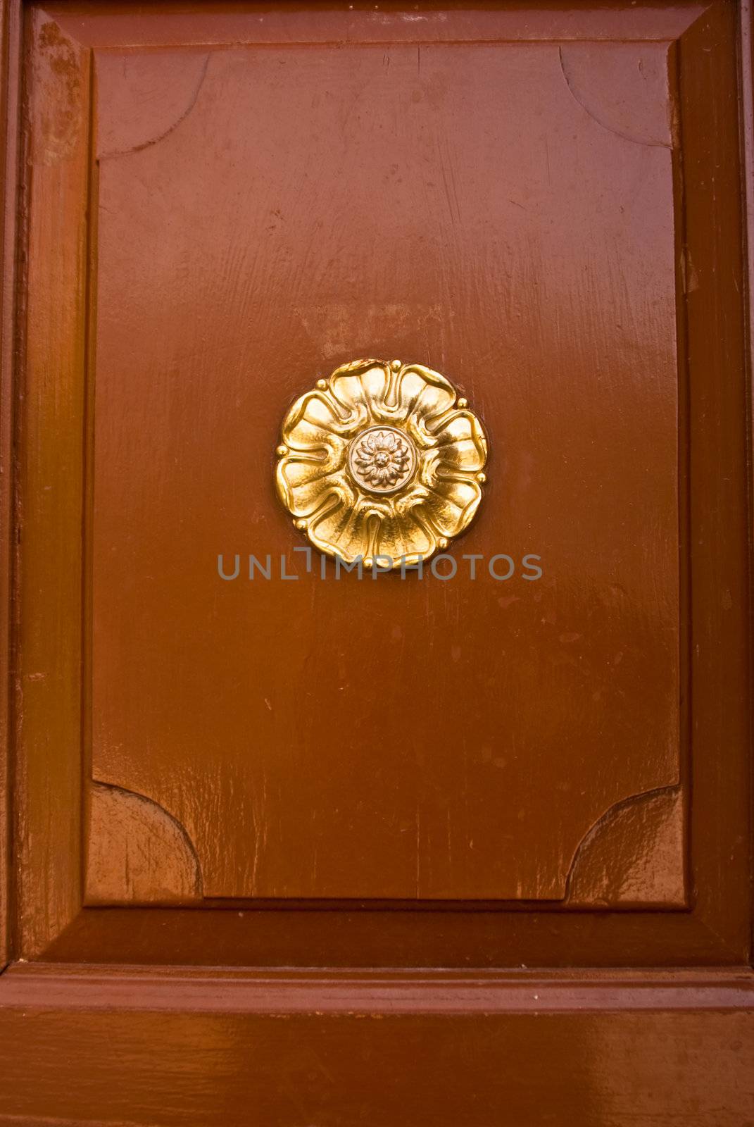 Brown painted Mexican Colonial door with golden sunburst decoration