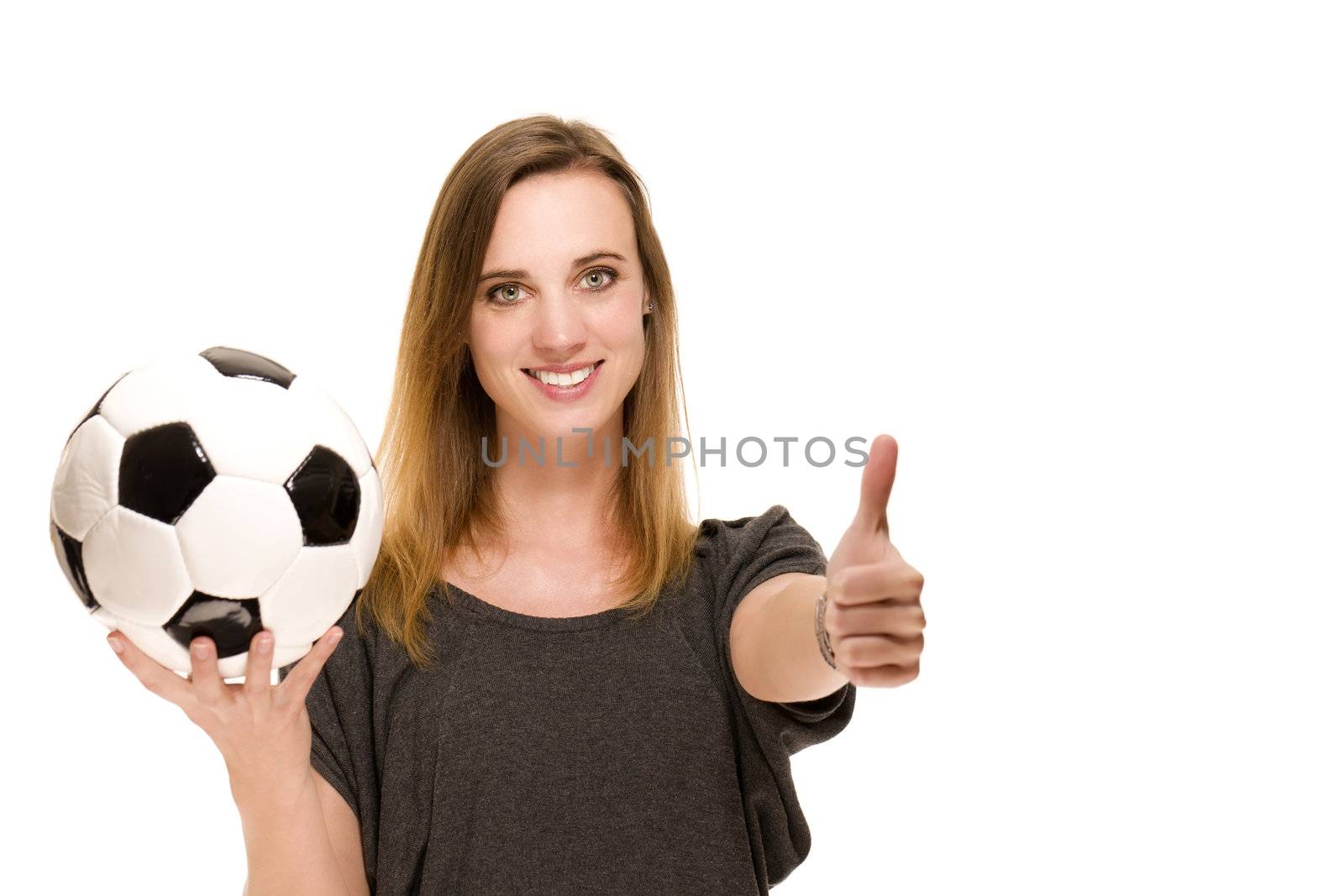 woman with a football showing thumbs up on white background