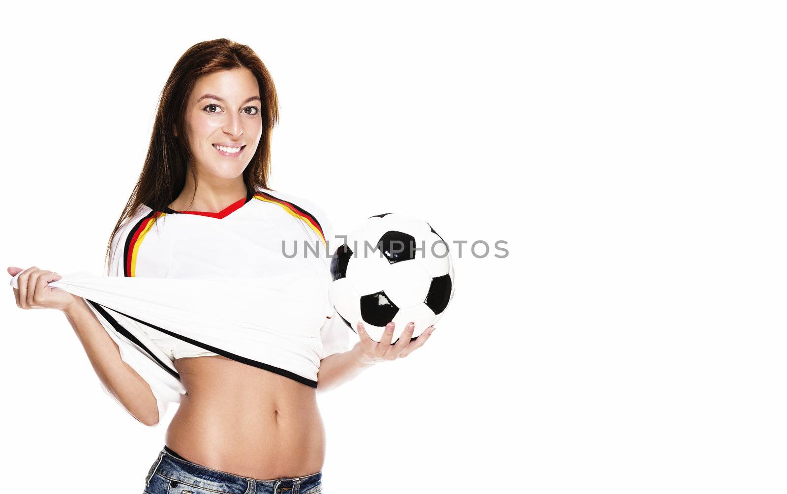 happy woman presenting football pulling her football shirt on white background