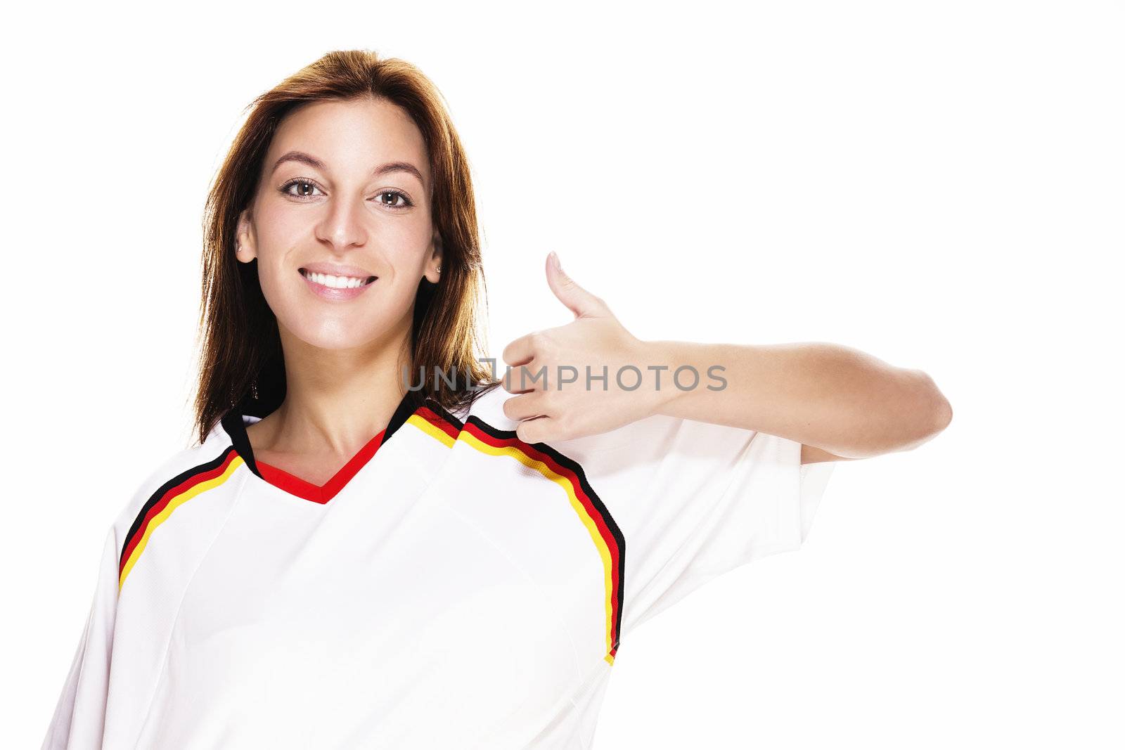 young woman wearing football shirt showing thumb up on white background