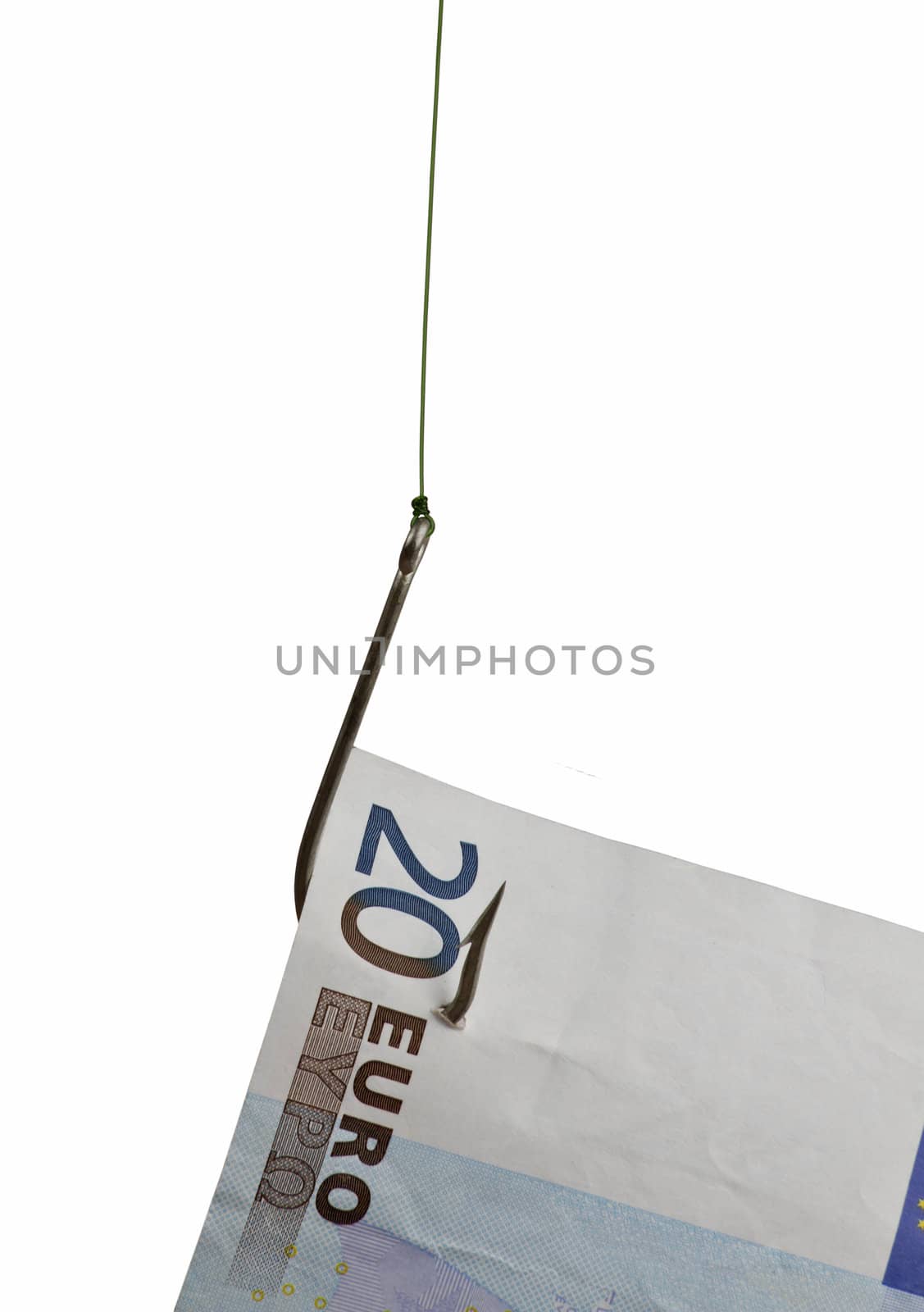 stealing money with hook on white background- vertical image