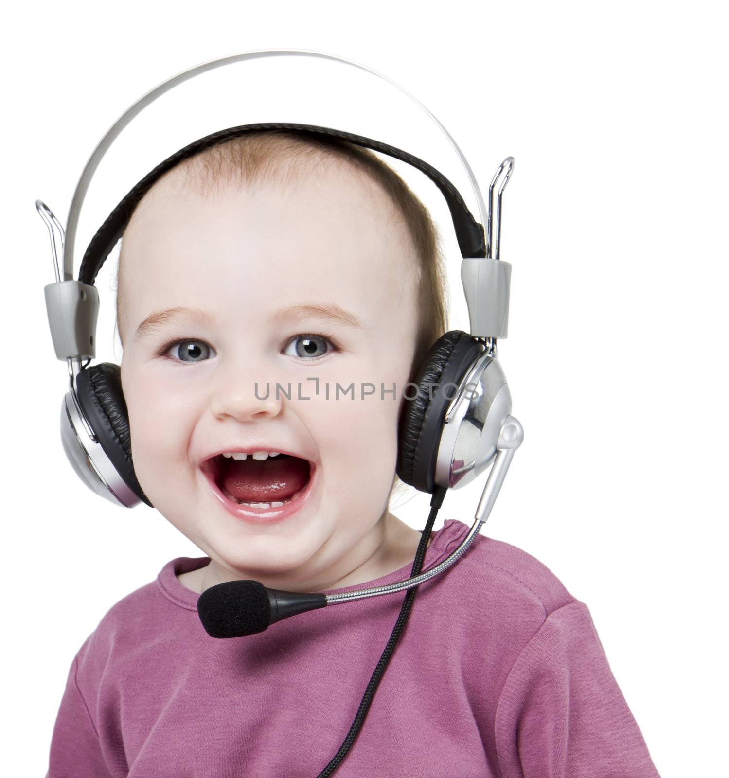 young child with headset isolated on white background