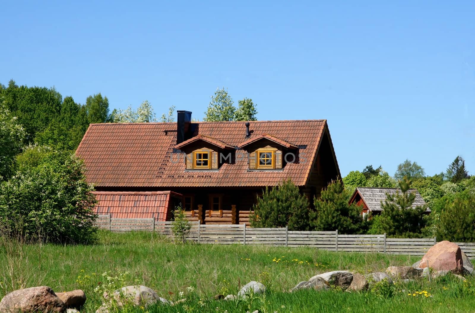 The house with a tile on a background of plants