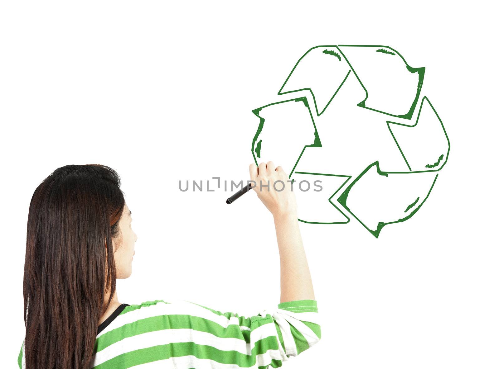 woman draw recycle recycling sign on white background by FrameAngel