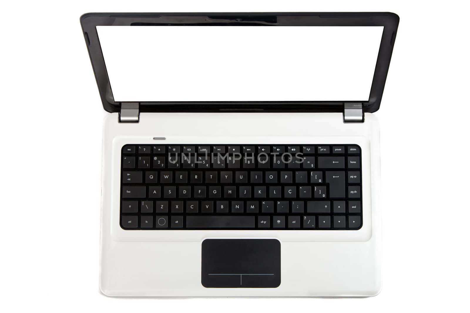 A white notebook with black keyboard and touchpad isolated on a white background with copy space in the screen.