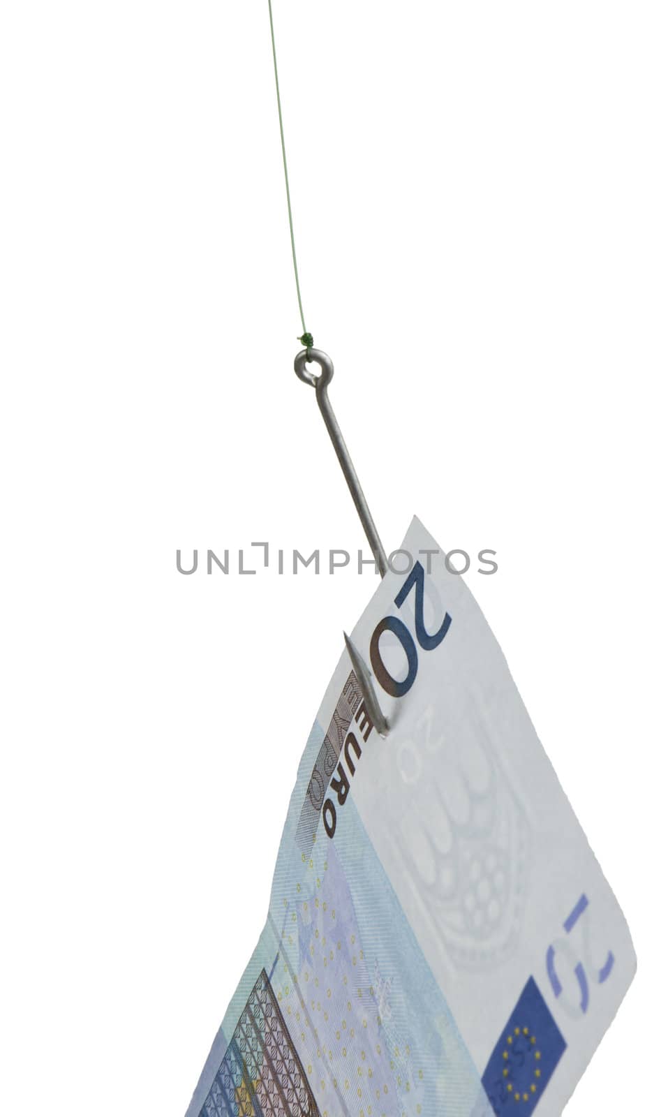 stealing money with hook - vertical image isolated on white