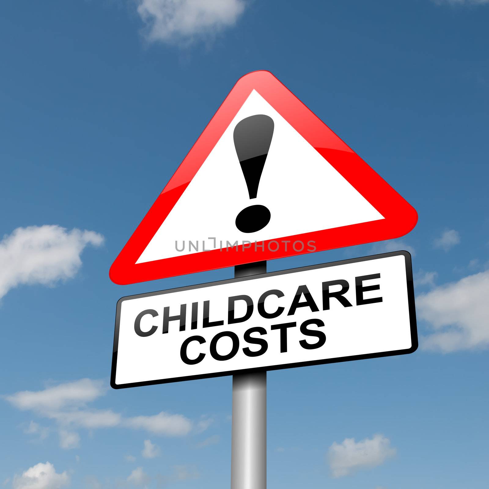 Illustration depicting a road traffic sign with a childcare cost concept. Blue sky background.