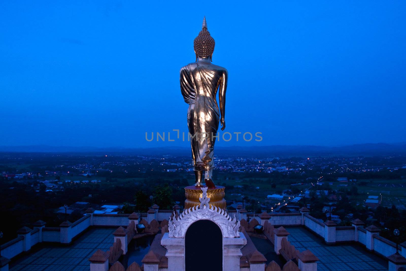 Buddha Standing Color Gold in Background blue sky.