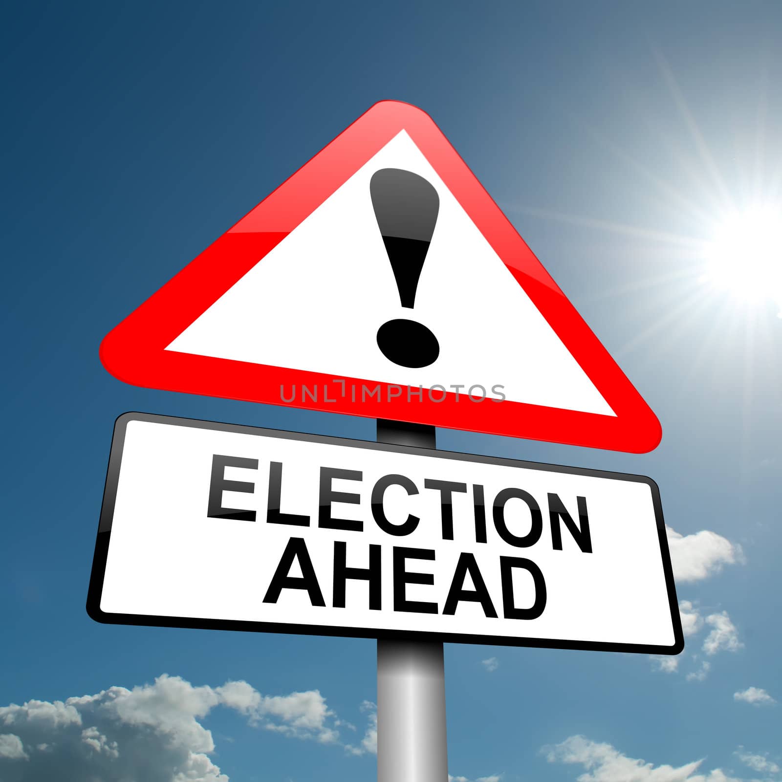 Illustration depicting a road traffic sign with a election concept. Blue sky background.