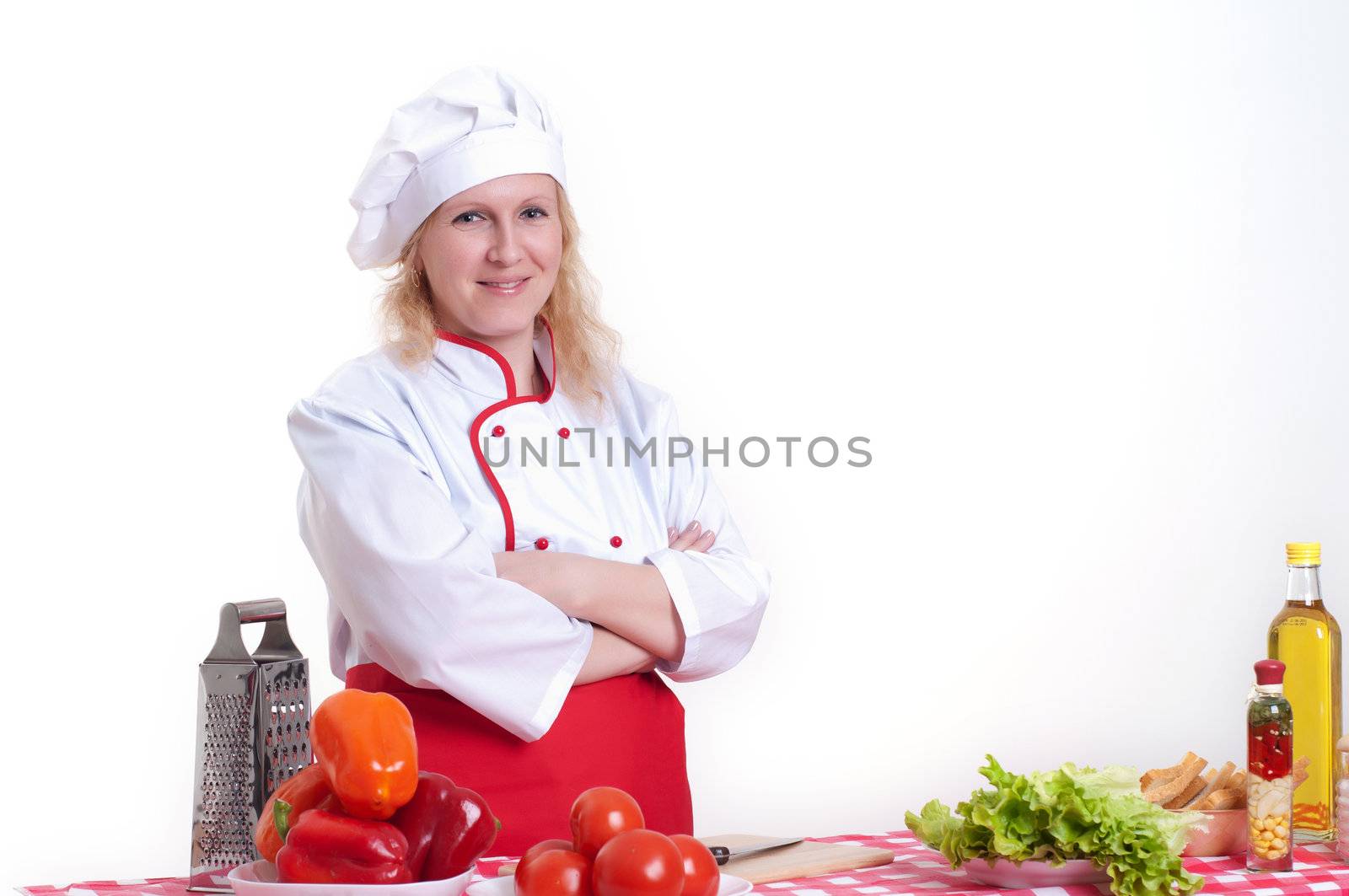 Portrait of attractive cook woman a over white background