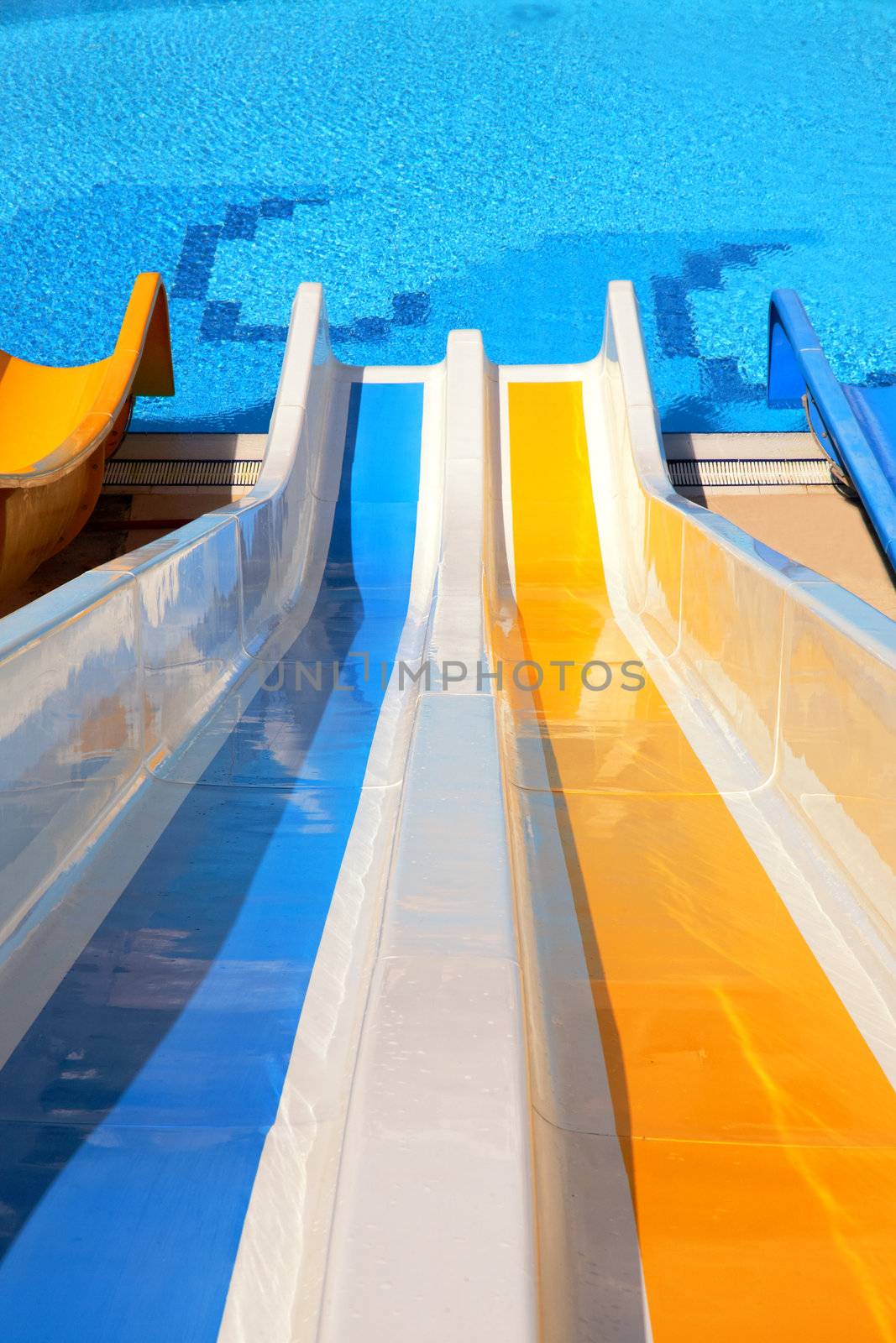 top point of view of water slide with pool