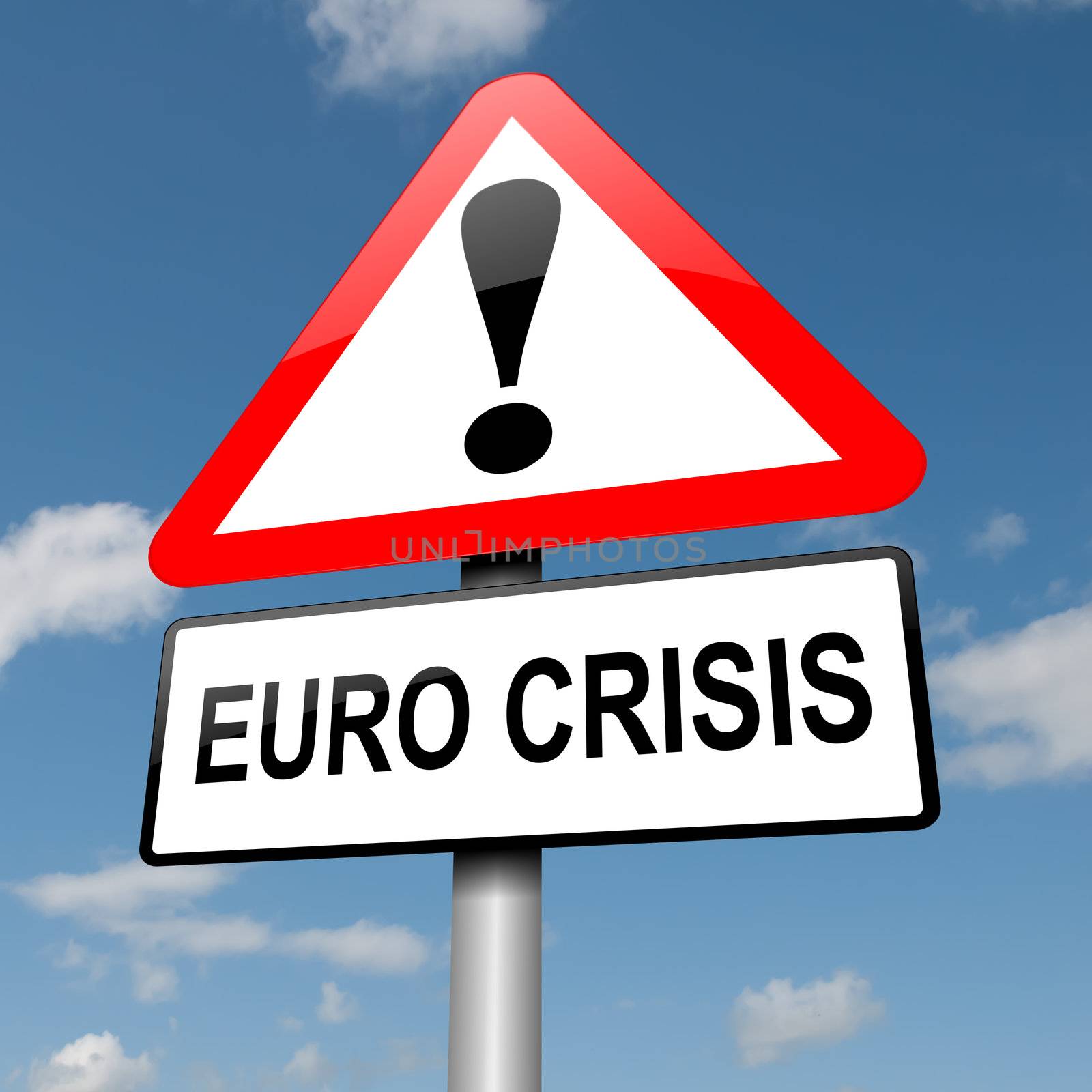 Illustration depicting a road traffic sign with a Euro crisis concept. Blue sky background.