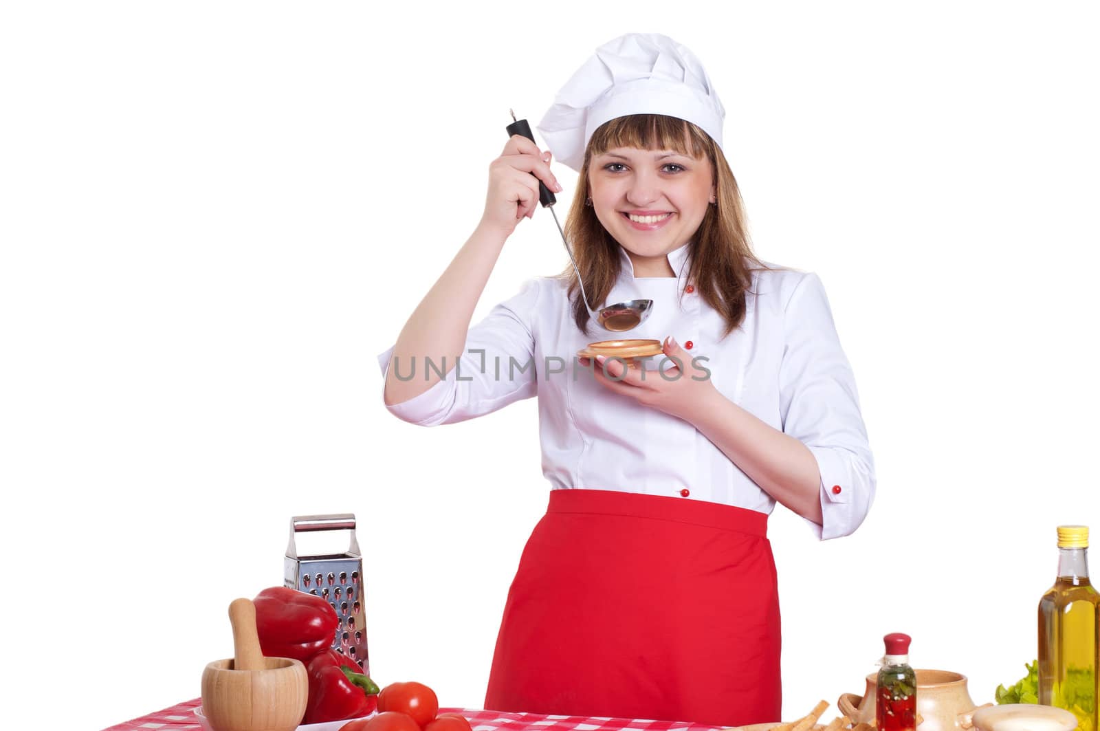 attractive woman making a meal, white background