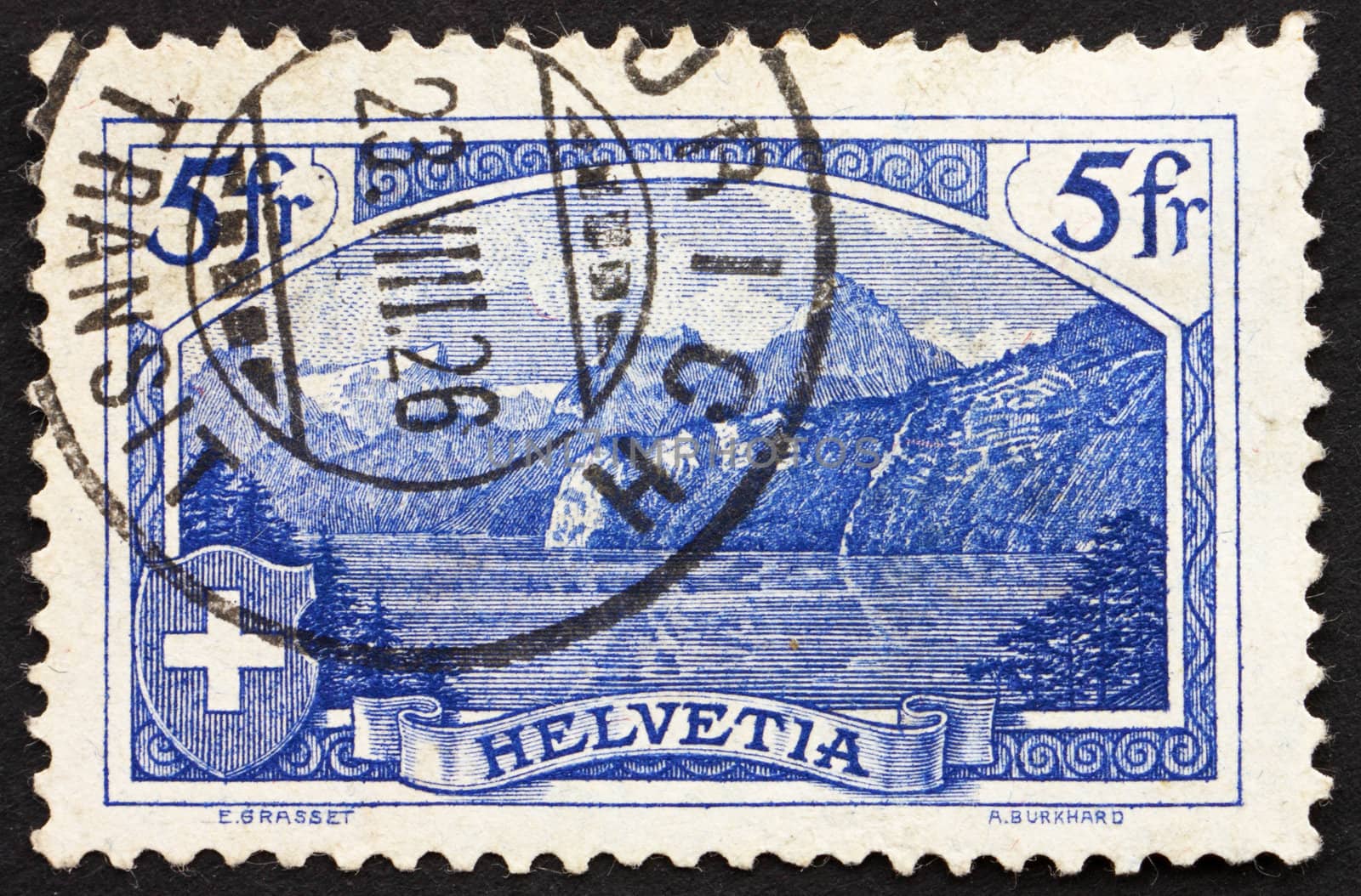 SWITZERLAND - CIRCA 1914: a stamp printed in the Switzerland shows The Rutli Mountain, the Birth Place of the Old Swiss Confederacy, circa 1914