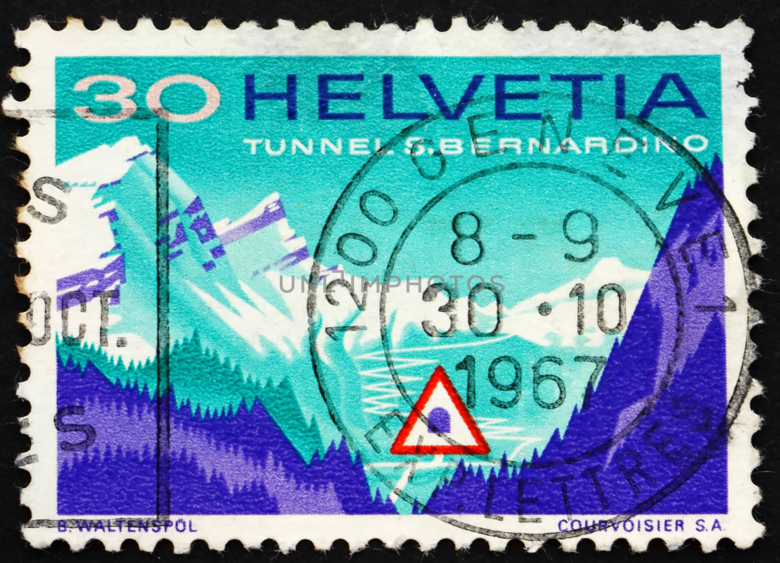 SWITZERLAND - CIRCA 1967: a stamp printed in the Switzerland shows View of San Bernardino from North, Opening of the San Bernardino Road Tunnel, circa 1967