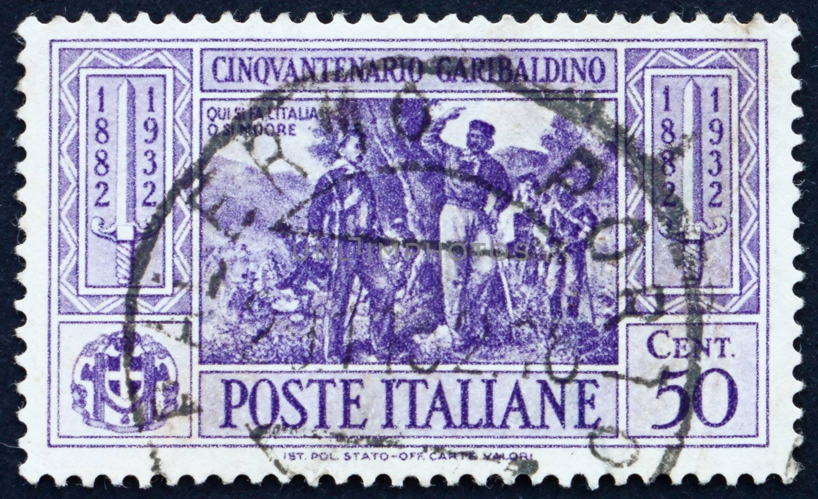 ITALY - CIRCA 1932: a stamp printed in the Italy shows Garibaldi at Battle of Calatafimi, 50th Anniversary of the Death of Giuseppe Garibaldi, Patriot, circa 1932