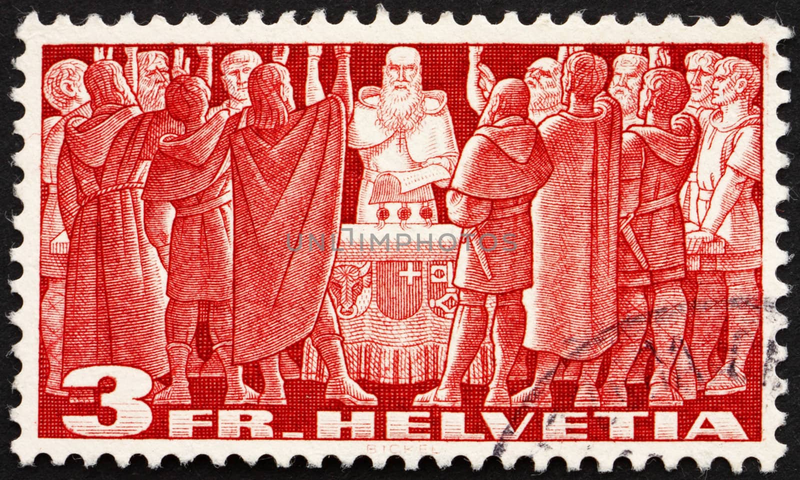 SWITZERLAND - CIRCA 1938: a stamp printed in the Switzerland shows First Federal Pact, Federal Charter, 1291, the Birth of the Old Swiss Confederacy, circa 1938