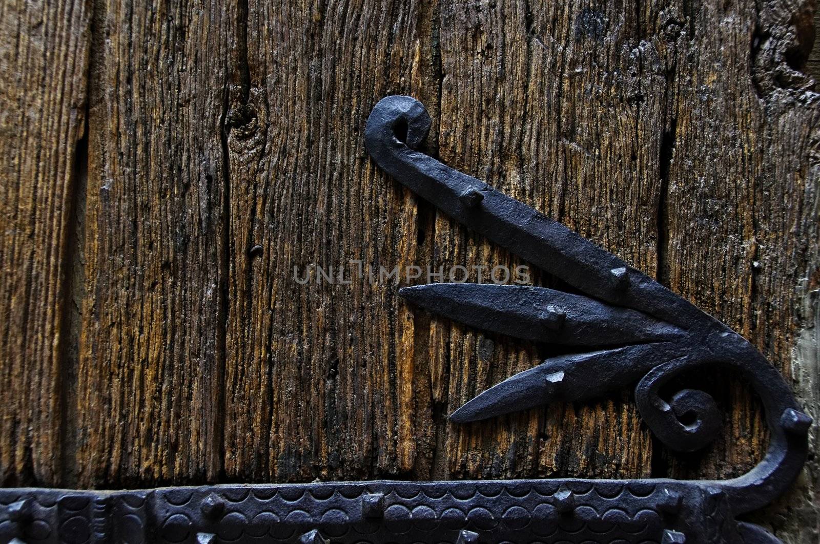 Wooden door and wrought iron door detail