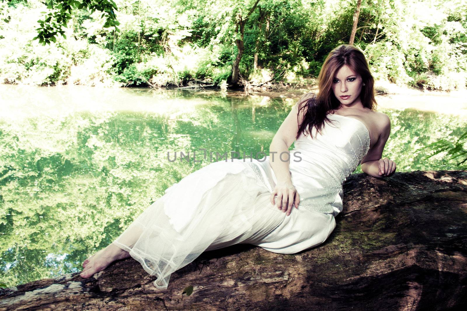 A cross process photo of a bride on a log