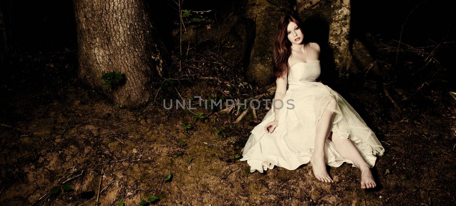 A bride sitting beneath a tree in dark woods