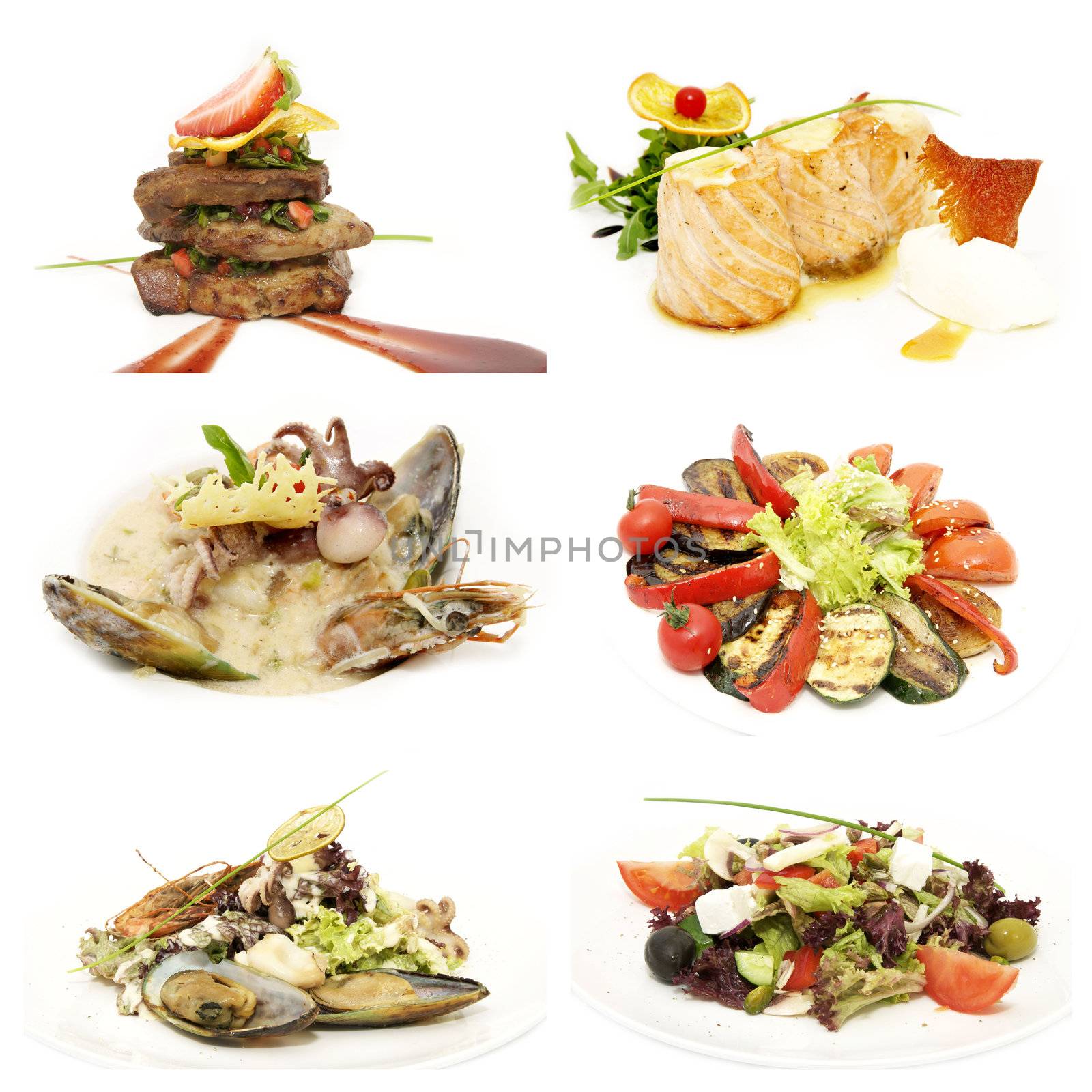 salads with vegetables and seafood in a restaurant