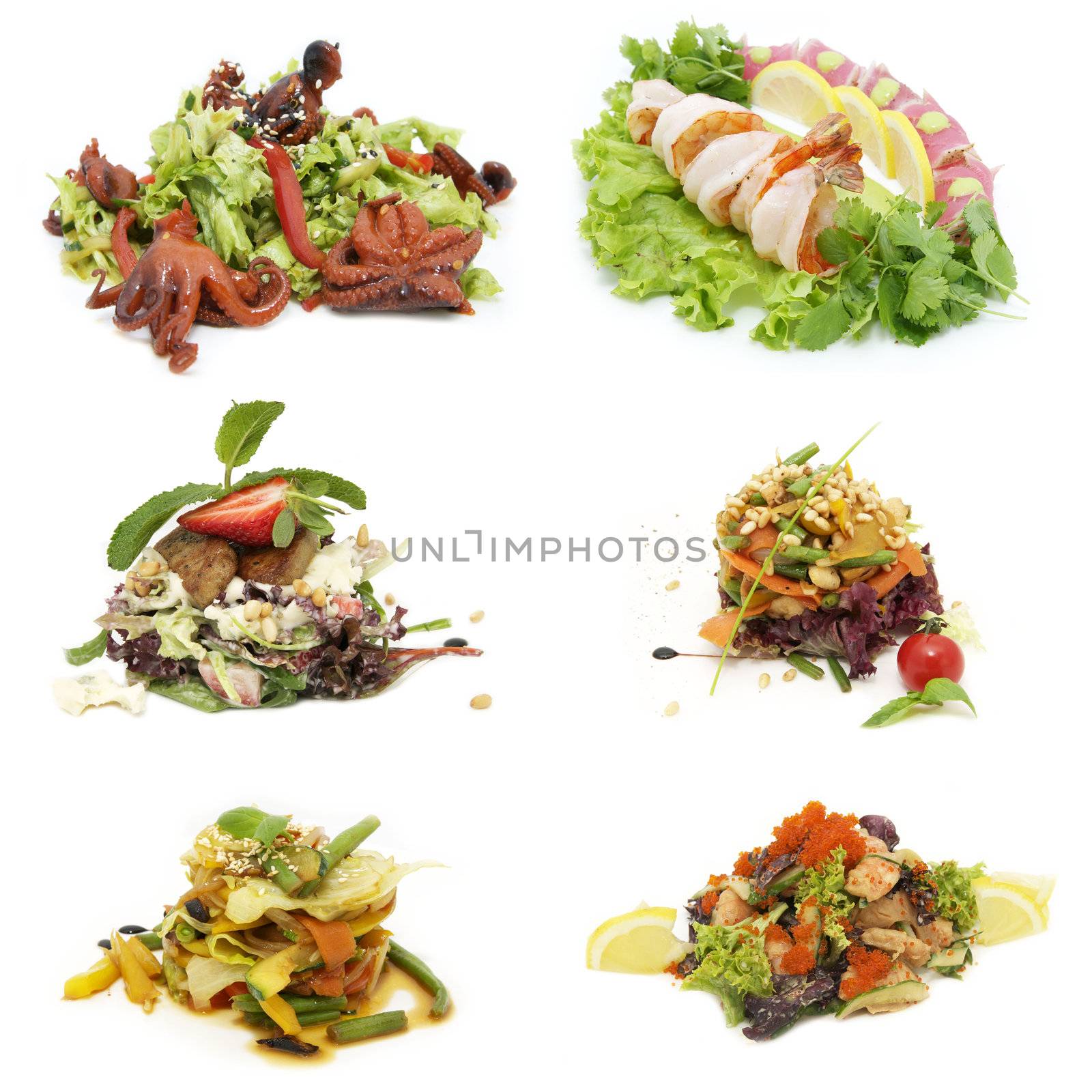 salads, vegetables and seafood in a restaurant