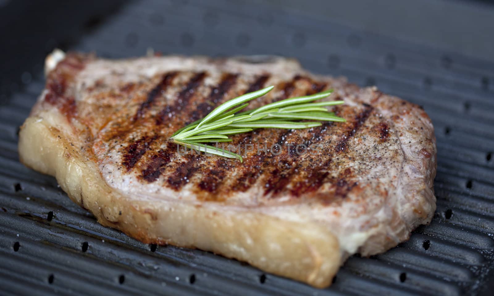 Beef steak on the grill with marks and rosemary