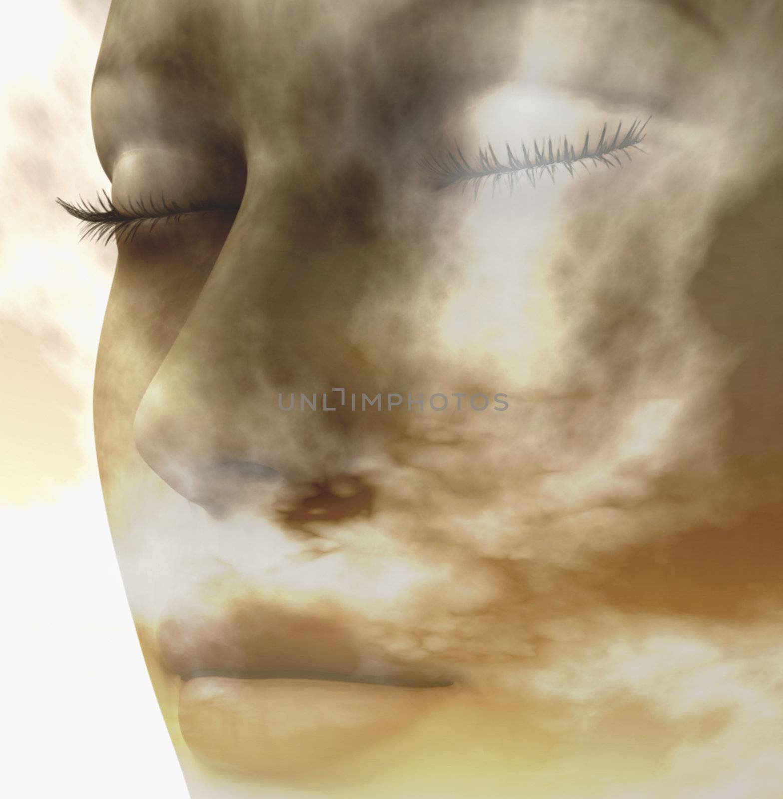 Digital composition of a female face / one of four elements: air